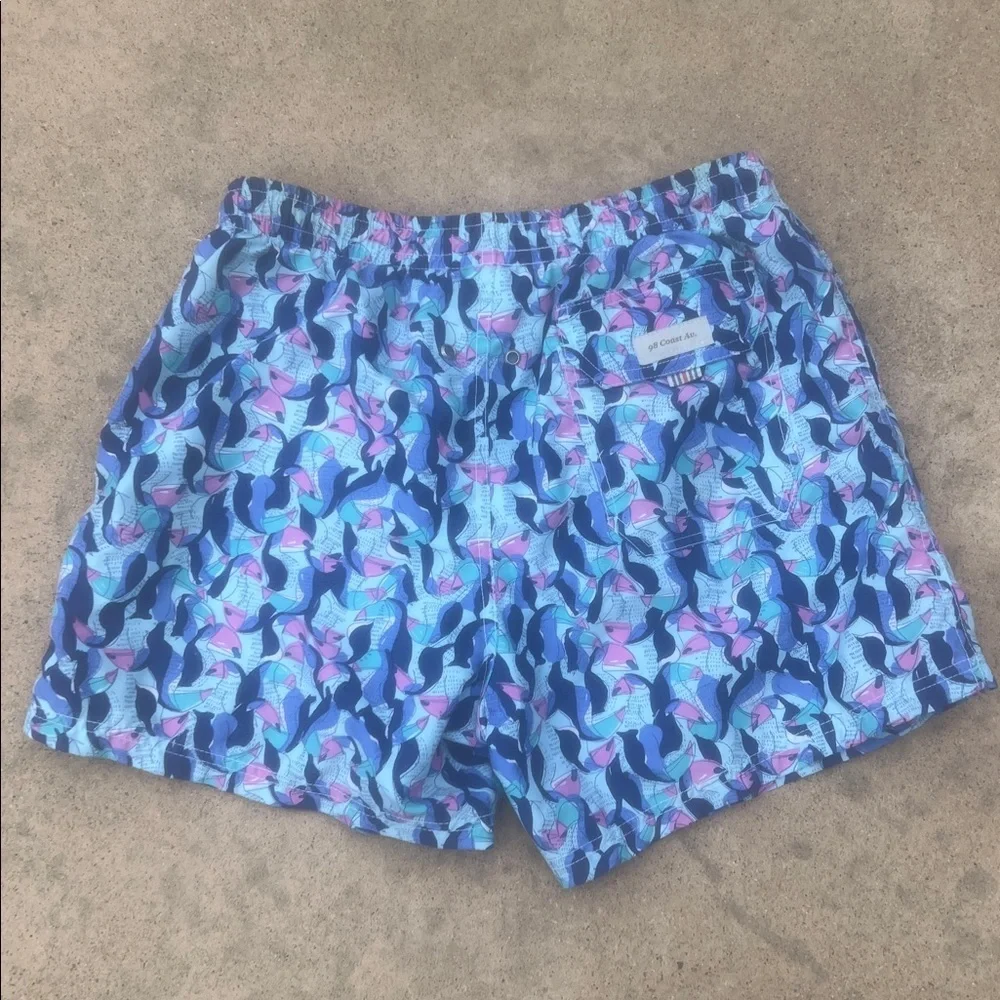 98 Coast Av. Men's Blue Pink Toucan Bird Design Lined Swim Trunks Size L
